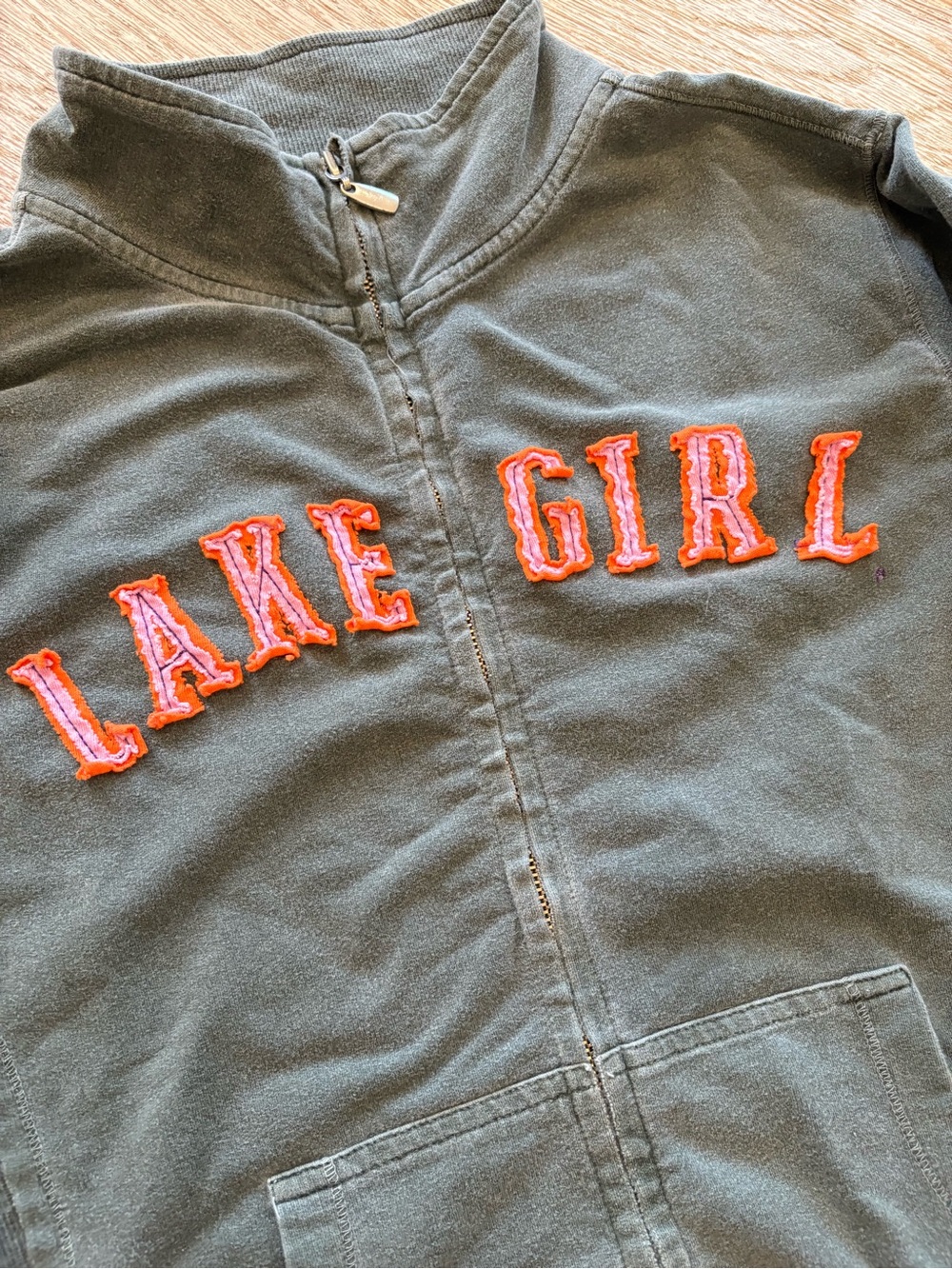 Lake Girl Brand Olive Green Full Sweatshirt With Pink Lake Girl Appliqué